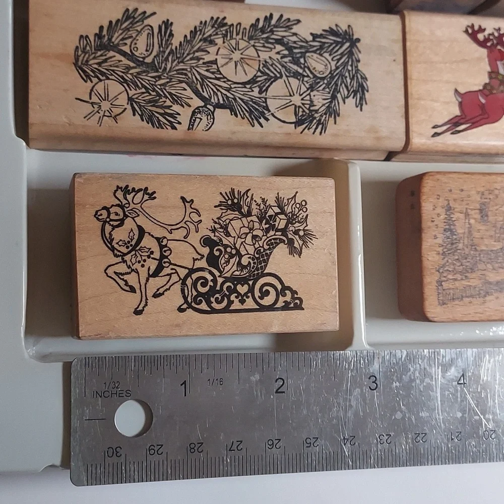 Rubber Stamps Christmas Theme Set Of 10 Holiday Wooden Stamps